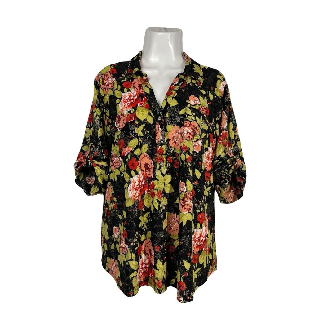 Cathy Woman Shirt XL Black Floral Roll Tab Sleeve Button Up Top Career Bloomcore